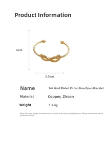 Detailed size chart showing 6cm x 5.5cm for the 14K gold-plated zircon bow cuff bracelet