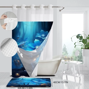 Waterproof navy floral waffle bath curtain set with matching bathroom floor mat
