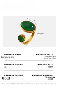 Detailed view of a gold stainless steel ring with two green stones and size dimensions