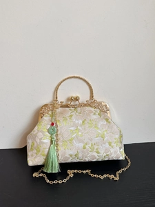 Vintage Kiss Lock Handbag Brocade Embroidery New Chinese Style Metal Handle Chain Crossbody Bag Tassel For Women