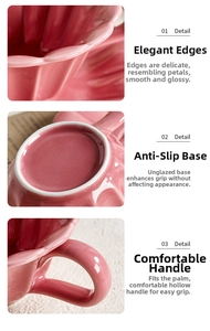 Detail of pink petal-shaped ceramic coffee cup with ergonomic handle and non-slip base