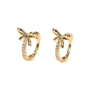 Elegant 18K gold-plated bow earrings with cubic zirconia stones on white background