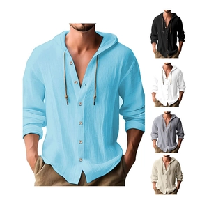 Detailed grid view of linen hooded shirts in light blue, black, white, gray, and khaki