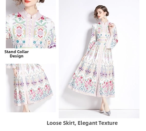 Close-up of ethnic style stand collar and decorative buttons on a floral long dress