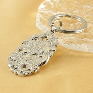 Polished stainless steel Chinese dragon keychain pendant with detailed relief carving