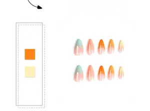 Detail of 10-piece almond gradient press-on nails in mint green and orange shades