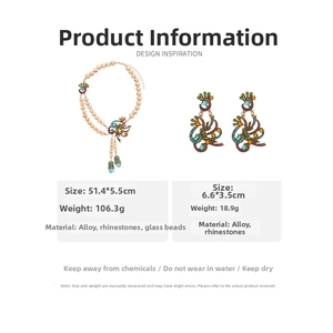 Detail view of peacock jewelry set with colorful rhinestones and cream glass beads