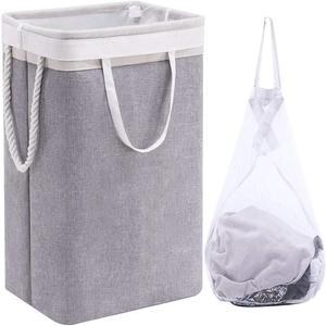 Grey fabric laundry basket with rope handles and a white mesh laundry bag set