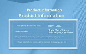 Detailed specifications for blue cotton waffle tea towels with size and weight info