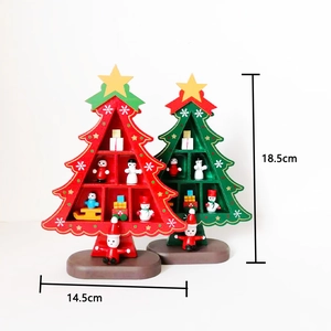 Mini wooden Christmas tree desktop ornaments in red and green colors, height 18.5cm