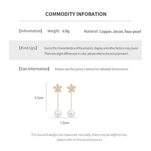Detailed size chart for 18k gold plated flower drop earrings with pearls and zircons