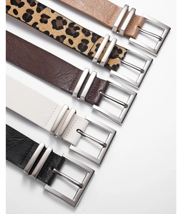 Five assorted PU leather and leopard print belts with stylish square metal buckles