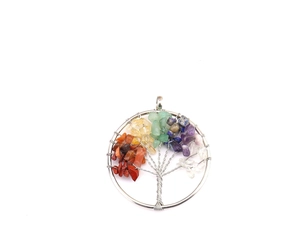 Detail of silver wire-wrapped Tree of Life pendant with multicolor chakra healing stones