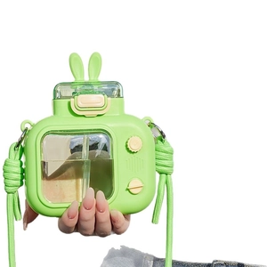 Creative camera-shaped kids water bottle with rabbit ears and green crossbody strap
