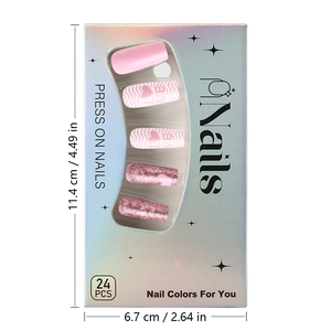 Pink heart press-on nails set with glitter and LOVE design in holographic packaging