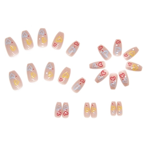 Pink translucent press-on nails with hand-painted colorful hearts and mini rhinestones