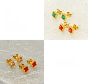 Polished stainless steel square zircon stud earrings in various gem colors