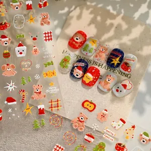 Christmas bear nail stickers with 3D embossed Santa, snowflakes and tree patterns