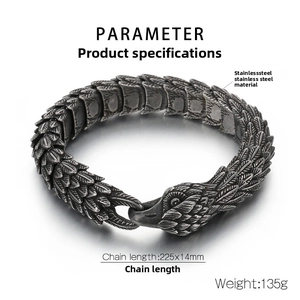 Detail view of retro eagle head clasp on punk style stainless steel bracelet