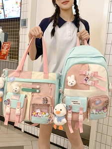 Cute pastel colorblock school backpack set with plush charms and clear pocket for girls