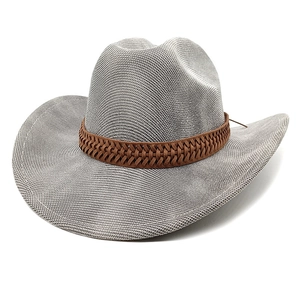 Classic gray woven cowboy hat with brown leather band shown on a white background