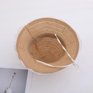 Toddler girl straw sun hat with white lace trim and adjustable chin strap for beach