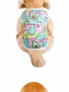 Detailed back view of a summer dog vest featuring colorful avocado and heart prints