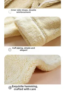 Detailed views of interior ties, cuffs and edge stitching on thick coral fleece bathrobe