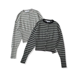 Chic striped long sleeve knit cardigan and shorts set in grey-green and black-white