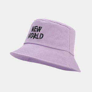 Detailed view of reinforced stitching and black NEW WORLD text on purple cotton bucket hat
