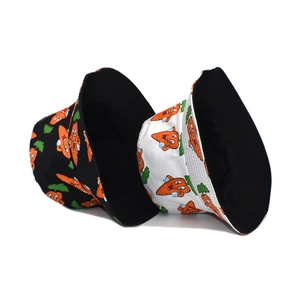 Classic cotton bucket hat with creative cartoon carrot print in black and white colors