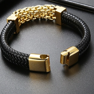 Men's punk braided leather bracelet with gold magnetic clasp and steel mesh textures