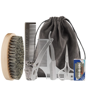 Men Wood Boar Bristle Beard Brush Zinc Alloy Comb Stainless Steel Folding Razor Scissors Shaping Template Bag Facial Hair Care
