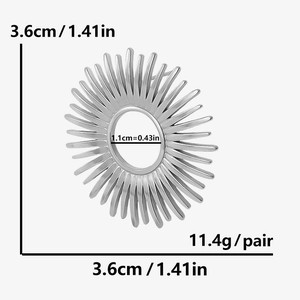 Detailed size view of silver spiked sunburst earrings with 3.6cm diameter and weight stats