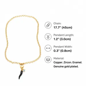 Detailed sizing chart for gold-plated necklace with evil eye and chili charms on white