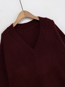 Detailed close-up of knit texture and V-neckline on a burgundy women's sweater