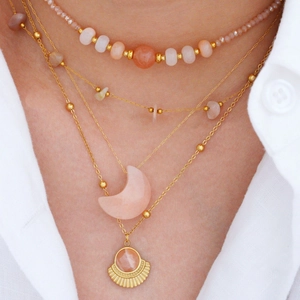 Four-layer gold stainless steel necklace set with pink sunstone moon and fan pendants