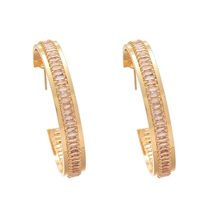 Elegant gold-plated C-shaped hoop earrings with rectangular cubic zirconia stones