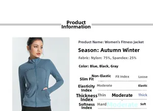 Detail of blue high-stretch yoga jacket fabric with standing collar and zip closure