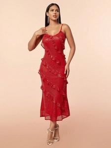Women Red Sequin Dress Tiered Ruffle Spaghetti Strap High Slit V Neck Sexy Elegant Evening Party Gown
