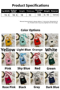 Size chart showing 18.5cm canvas bucket bag dimensions and 12 available color options