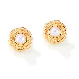 Vintage Round Stud Earrings Titanium Steel Twisted Rope Design Imitation Artificial Pearl Baroque French Style Elegant Jewelry Women