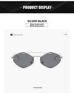Detailansicht randloser geometrischer Sonnenbrille mit Silberrahmen und schwarzgrauen Gläsern