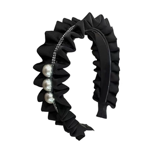 Elegant black pleated fabric headband with large pearls and sparkling rhinestone chain