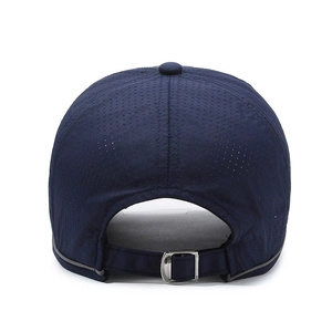Navy blue breathable baseball cap with reflective trim and metal buckle back view