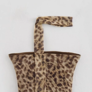 Brown leopard print mesh tube top and skirt set with halter neck ties for women