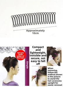 Detailed view of a 10cm black U-shaped hair comb for securing loose hair on Asian model
