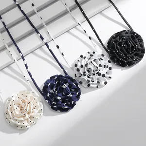 Large Rose Flower Choker Necklace Chiffon Polka Dot Long Ribbon Tie Fabric Neck Wrap Retro Elegant For Women