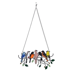 Detail of seven colorful birds on a branch pendant with silver chain and lobster clasp