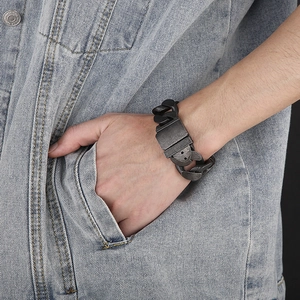 Vintage Cuban link chain bracelet in black titanium steel with rectangular buckle for men